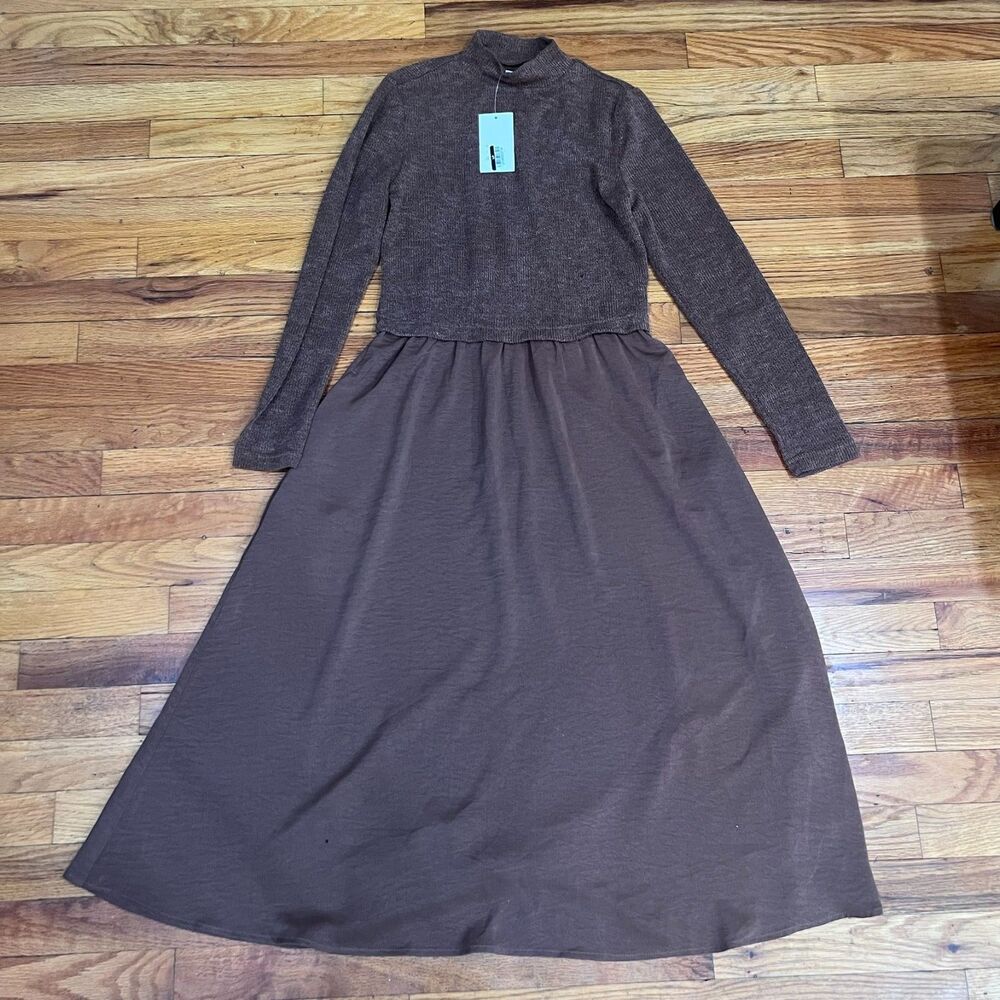 A New Day Brown Mock Neck Knit to Woven Midi Dress - Long Sleeve - Size Small